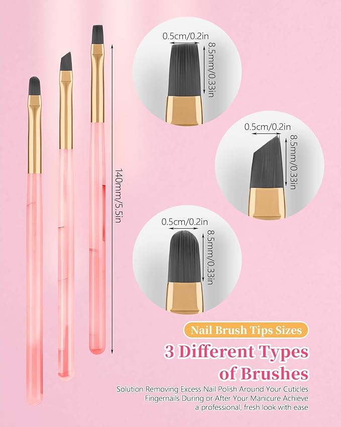 AMilHiTon 3PCS Nail Polish Clean Up Brush, Round/Flat/Angled, Emerald Pink