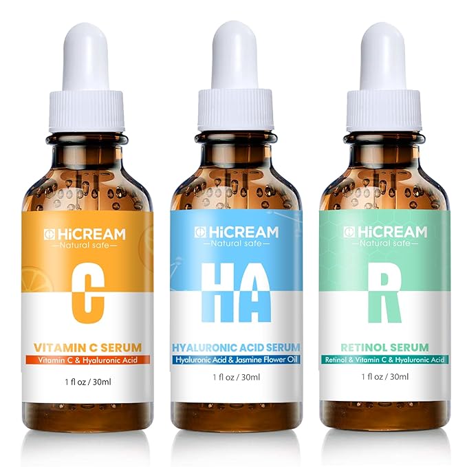 Hicream Face Serum Set - Vitamin C Serum, Hyaluronic Acid & Retinol with Hydrating, Brightening & Firming Skin, Anti-aging Skin Care Set for Women, Targets Fine Lines & Dark Spots, 1 Fl Oz (Pack of 3)