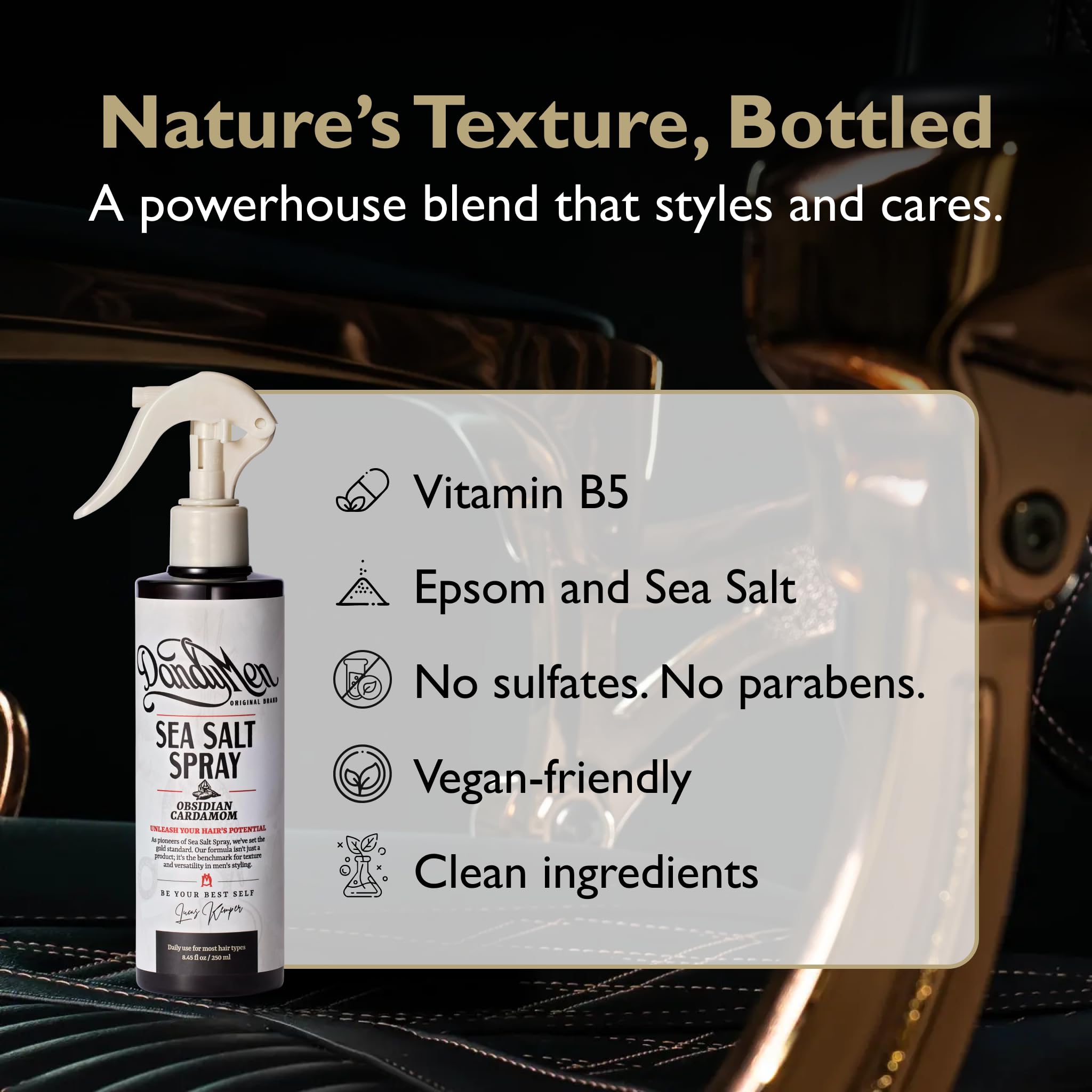 DandyMen Sea Salt Spray for Men – Texturizing & Volumizing Hair Spray for Beachy Waves, Matte Finish - Obsidian Cardamom, 1-pack