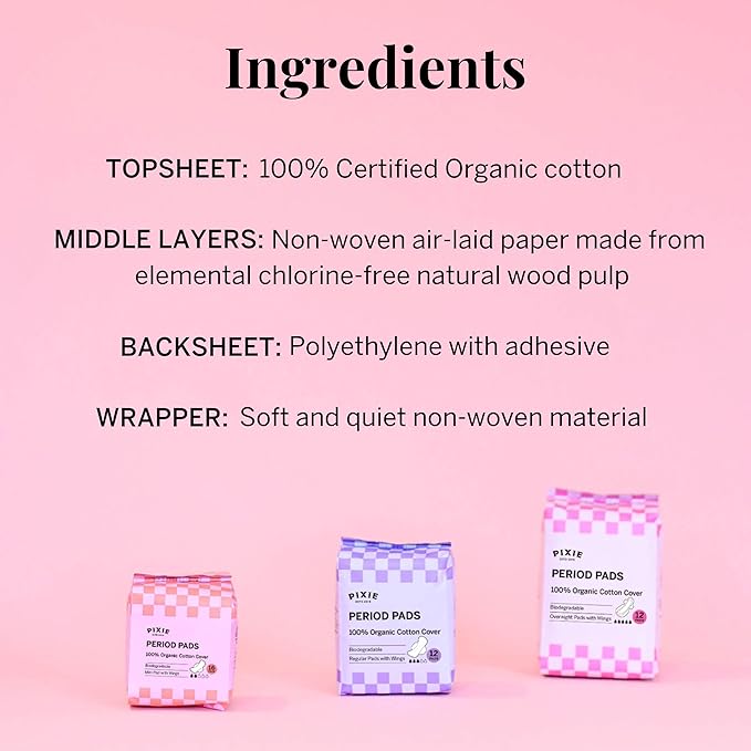 Pixie Organic Pads Cotton Ultra Thin Mini Pads for Teens - Liners with Wings - Light Absorbency Menstrual Pads - Hypoallergenic, Unscented & Biodegradable for Feminine Care - FSA Eligible - 64 Count