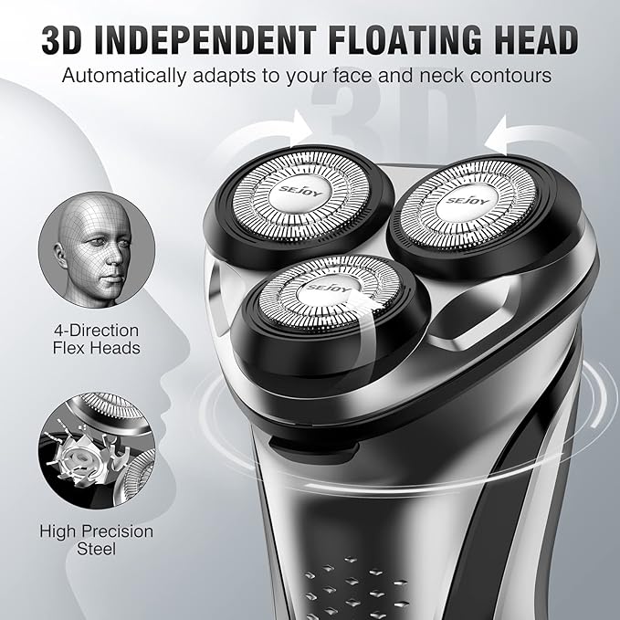 Sejoy Men's Electric Shaver, Men's Shaver, Men's Beard Shaver, Wireless Electric Shavers, IPX7 Waterproof, with Pop-Up Trimmer, 80,000 Power: 1 Hour Fast Charging-3D Floating Head, Black