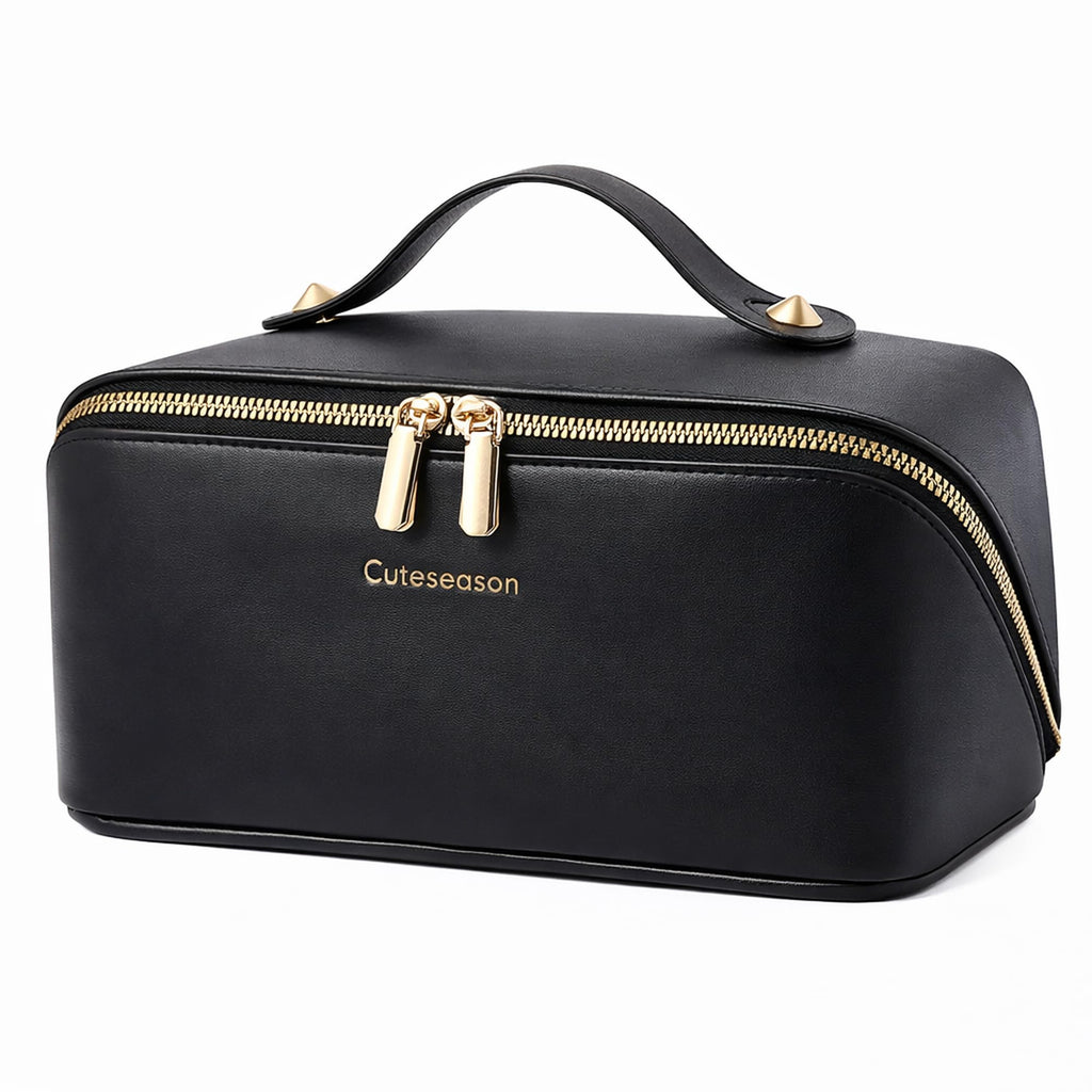 Cuteseason PU Leather Makeup Bag for Women, Structured Makeup Case with Wide Opening, Travel Cosmetic Bag with Compartments and Handle, Water-Resistant Makeup Organizer(Brown, Lychee Grain)