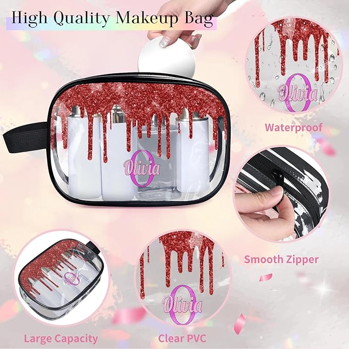 KFNHN Personalized Travel Cosmetic Bag Waterproof Makeup Bags, Custom Name Clear PVC Organizer Case Toiletries Container Bag, Water Fluid Red Sequins