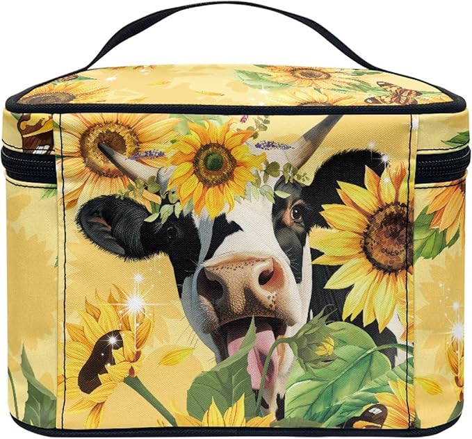 Drydeepin Cute Sunflower Cow Print Travel Makeup Bag for Women Yellow Large Capacity Cosmetic Bag with Zipper and Handle Portable Brushes Case Toiletry Bag Make Up Organizers and Storage Bags