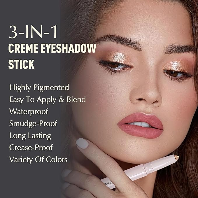 Wugbc Eyeshadow Stick, Sand Shimmer Cream Eyeshadow Long-Lasting Crease-Proof Glitter Eyeliner Pencil High Pigmented Neutral Highlighter Makeup Crayon with Blending Brush & Built-in Sharpener