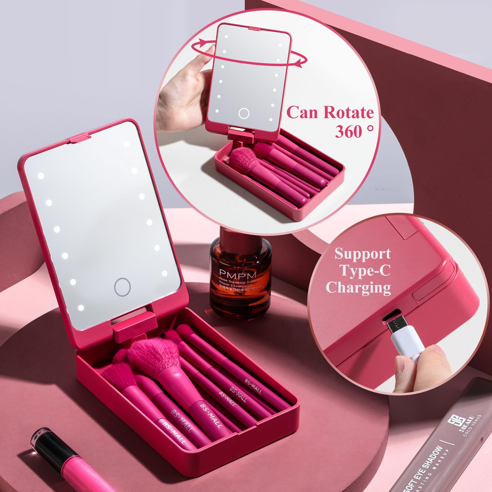 BS-MALL Travel Makeup Brush Set Foundation Powder Concealers Eye Shadows Makeup Set with LED light Mirror 14 Pcs (HotPink)