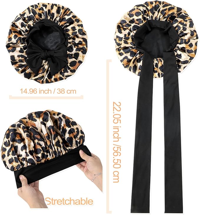 GDTOGRT Satin Silk Bonnet for Sleeping Women, Double Layer Sleep Hair Bonnets Caps for Curly Natural Hair with Tie Band Leopard-Black