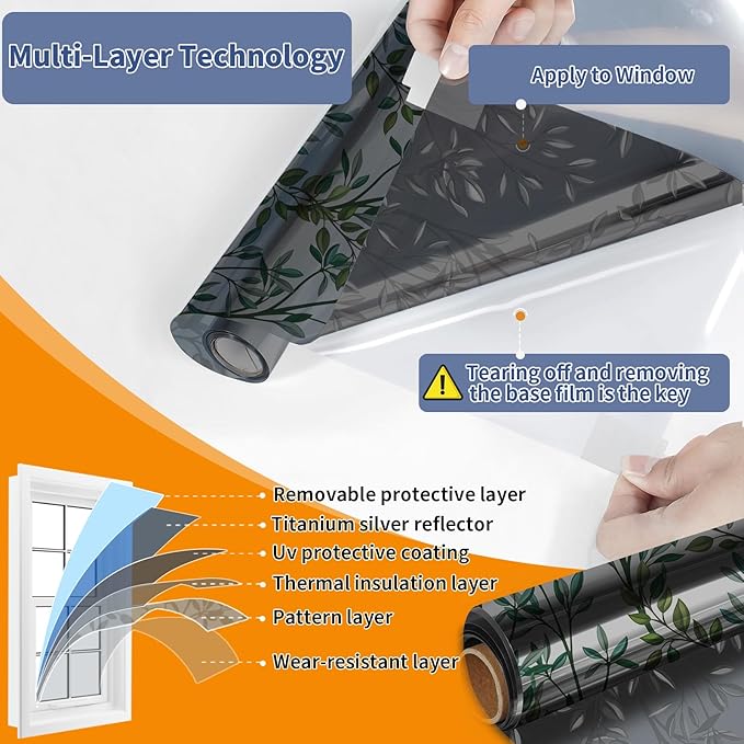 One Way Privacy Film, Window Tint for Home,Daytime Reflective, Anti UV Static Cling Sliding Door Coverings No Glue Garage Solar Paper (Black - Silver-Leaves, 35.4X 78.7 in)