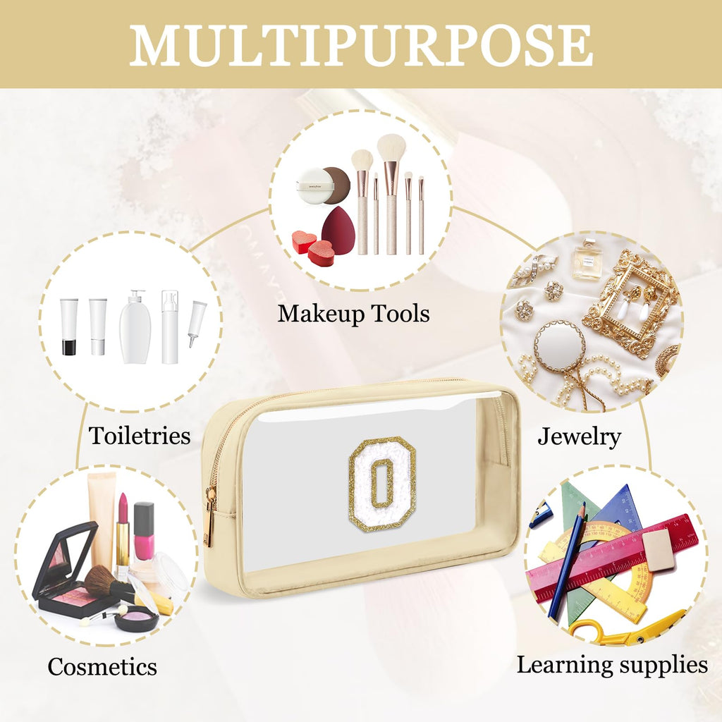 Small Clear Personalized Initial Makeup Bag, Preppy Nylon A-Z Chenille Letter Patch Makeup Organizer TSA Approved Travel Toiletry Bag,Waterproof Zip Beach Cosmetic Pouch Purse for Women(Beige-White O)