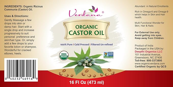 Verdana Organic Castor Oil, Cold Pressed & Hexane Free – For Hair & Scalp Care, Eyelashes, Eyebrows & Skin Moisturizing – USDA Certified, Pure & Natural – 16 fl oz