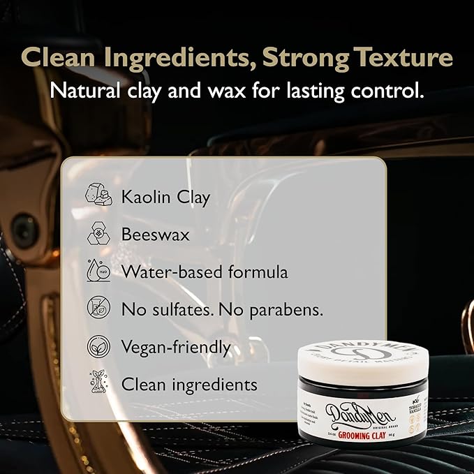 DandyMen Strong Hold Matte Hair Clay for Men – Natural Finish Styling Kaolin Clay – Firm Hold, No Shine – 3.4 oz, 1-Pack