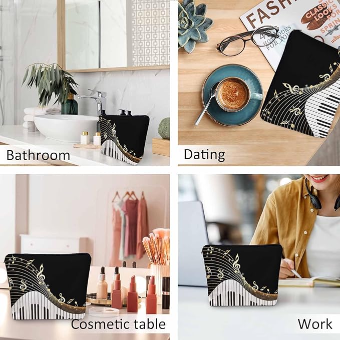 Kalygon Women Makeup Organizer Bag Piano Music Notes Instrument Piano Flax Cosmetic Bag Makeup Bags Toiletry Bag Accessories Organizer Travel Bags For Home Bathroom Office Hotel Gym Black Golden