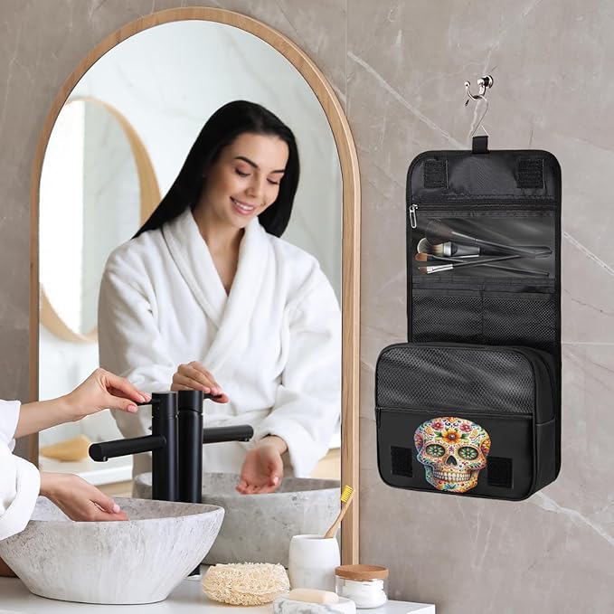YoYoYuchong Travel Toiletry Bag for Women & Men Skull Cool Flower Hanging Cosmetic Organizer Portable Waterproof Makeup Case Make Up Bag with Compartments Travel Essentials for Bathroom Shower