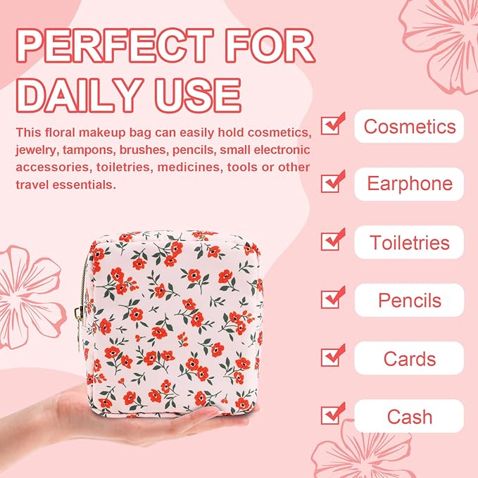 UIXIZQ Waterproof Mini Floral Makeup Bag Pouch for Purse,Nylon Flower Cosmetic Travel Bag Small Preppy Toiletry Organizers Bag for Women Girl,Cute Zipper Pouch Coin Purse for Work(Mini Pink-Flowers)