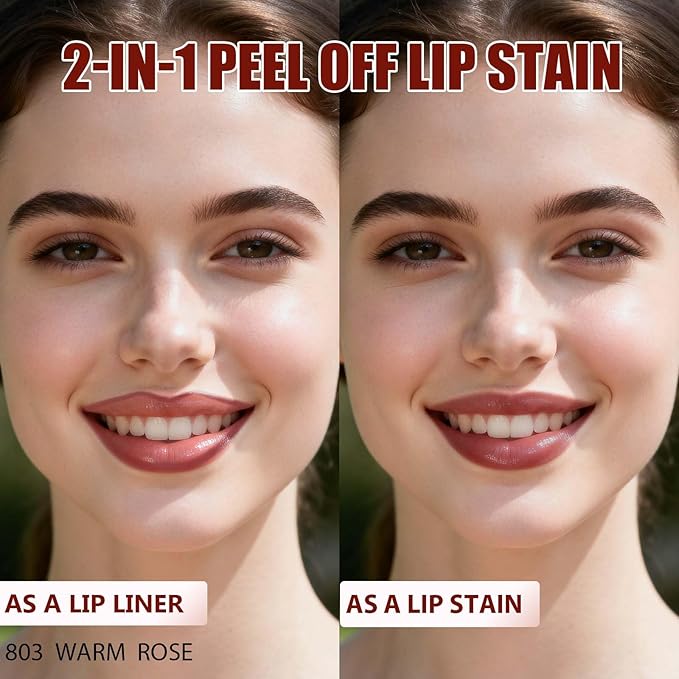 QCMME Lip Liner Stain Peel Off with Tweezer, Long Lasting Matte Lip Tattoo, Highly Pigmented Color Lip Makeup, Waterproof, Transfer-proof Lipstain for Women, WARM ROSE