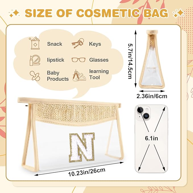 UIXIZQ Personalized Initial Letter Bag Boho Straw Clear Makeup Bag,Small Cute Chenille Varsity Letter Bag With Zipper,Beach Travel Toiletry Bag,Portable Monogrammed Cosmetic Bag for Women Girls,N