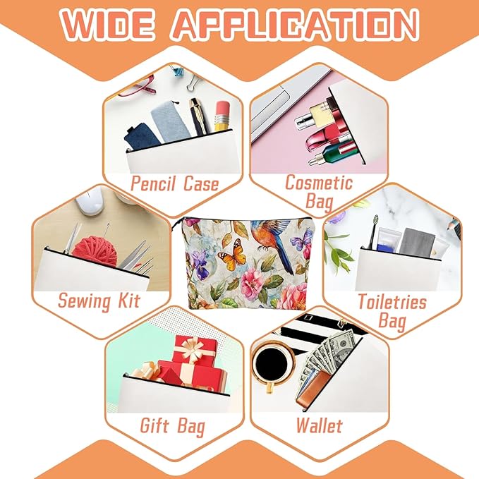 Scribesense Cosmetic Bags Travel Makeup Toilet Case Waterproof Pouch for Women Girls 6.7X9.45inches - Whimsical Flower - Bird - Butterfly World
