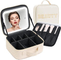 Aura In Bloom Makeup Bag with LED Mirror – Travel Cosmetic Organizer with Lighted Mirror, Adjustable Dividers & Brush Holder Storage – Portable PU Leather Makeup Case for Women & Girls - Cream