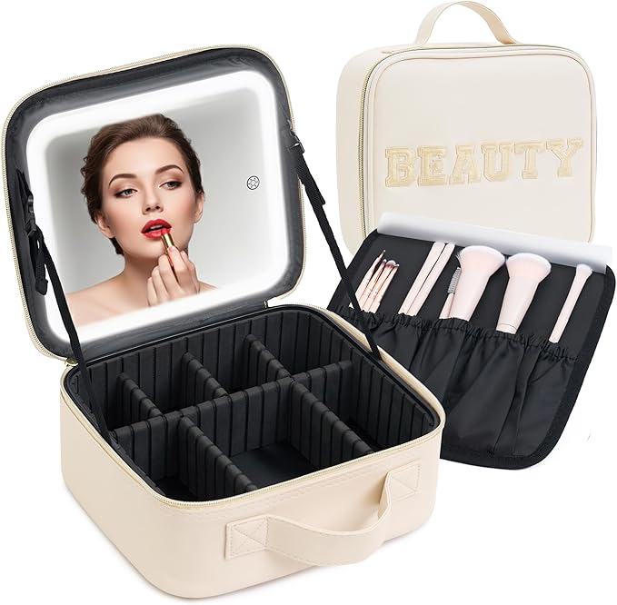 Aura In Bloom Makeup Bag with LED Mirror – Travel Cosmetic Organizer with Lighted Mirror, Adjustable Dividers & Brush Holder Storage – Portable PU Leather Makeup Case for Women & Girls - Cream