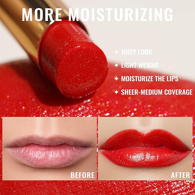 Oulac Red Lipstick for Women, Moisturizing Lipsticks Glass Shine Lipstick with Shimmer, Hydrating Tinted Lip Balm, Juicy Lip Color for Dry, Cracked and Chapped Lips, Vegan S06
