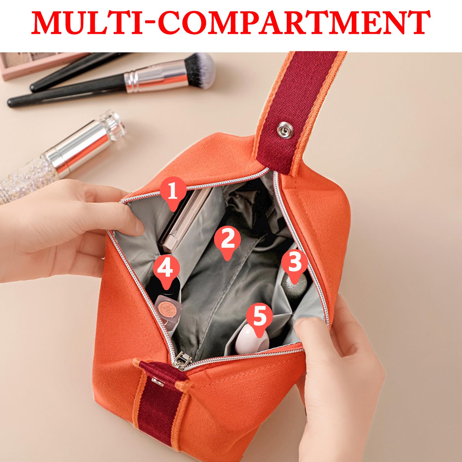Fammart Travel Makeup Bag, Waterproof Canvas Cosmetic Bag Make Up Organizer Case for Women, Large Toiletry Bag Skincare Pouch for Toiletries Accessories Brushes