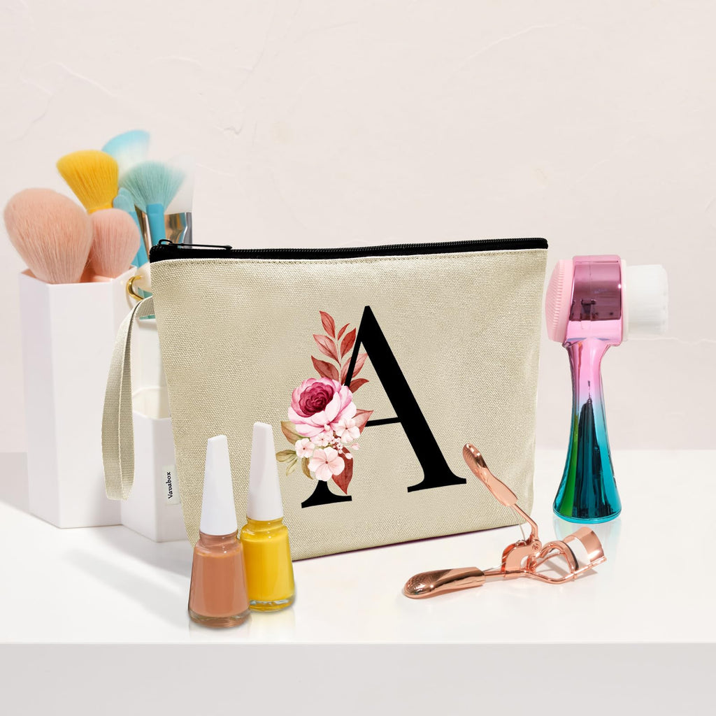Vavabox A-Z Personalized Makeup Bag, Birthday Gifts for Women Mom, Gifts for Best Friend, Bride Bridesmaid Cosmetic bag (I, Cream Yellow)