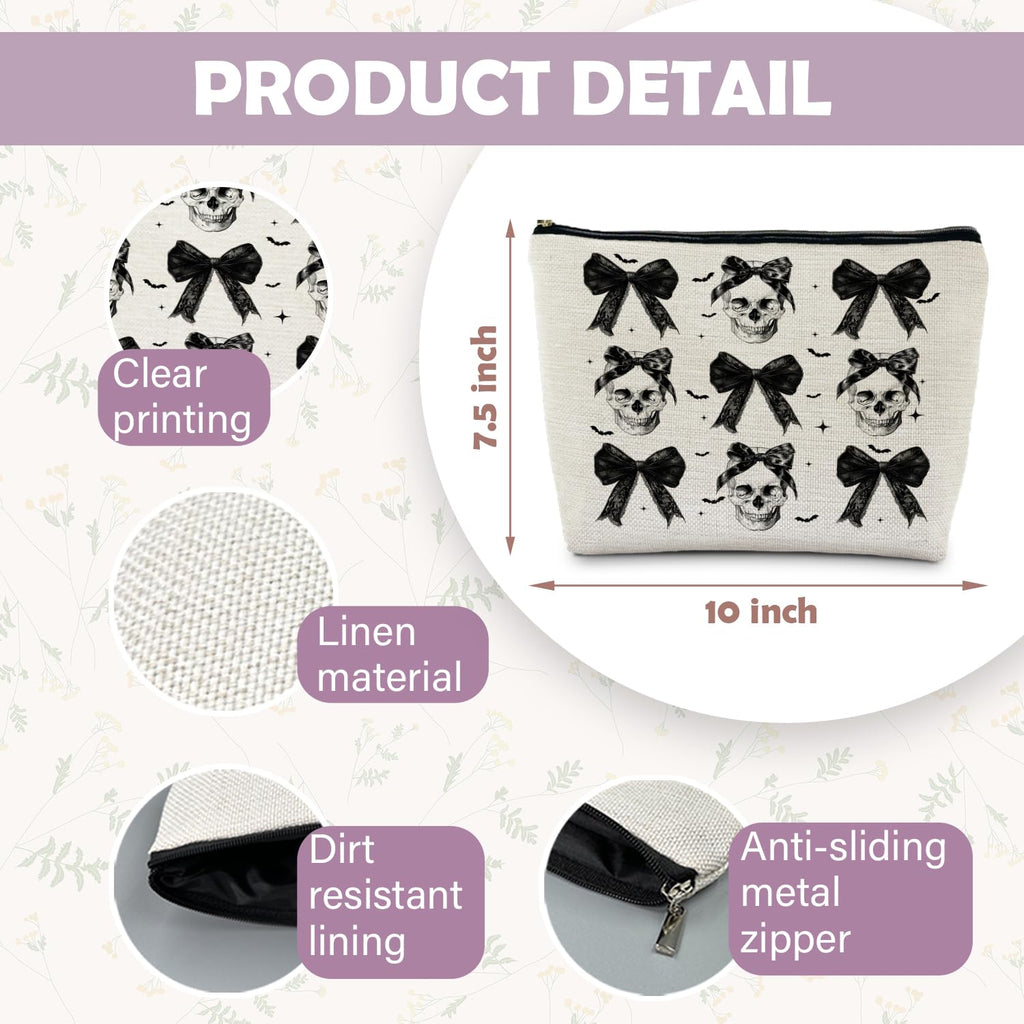 Coquette Gothic Halloween Makeup Bag, Dark Bow Skull Makeup Bag, Spooky Gifts for Women