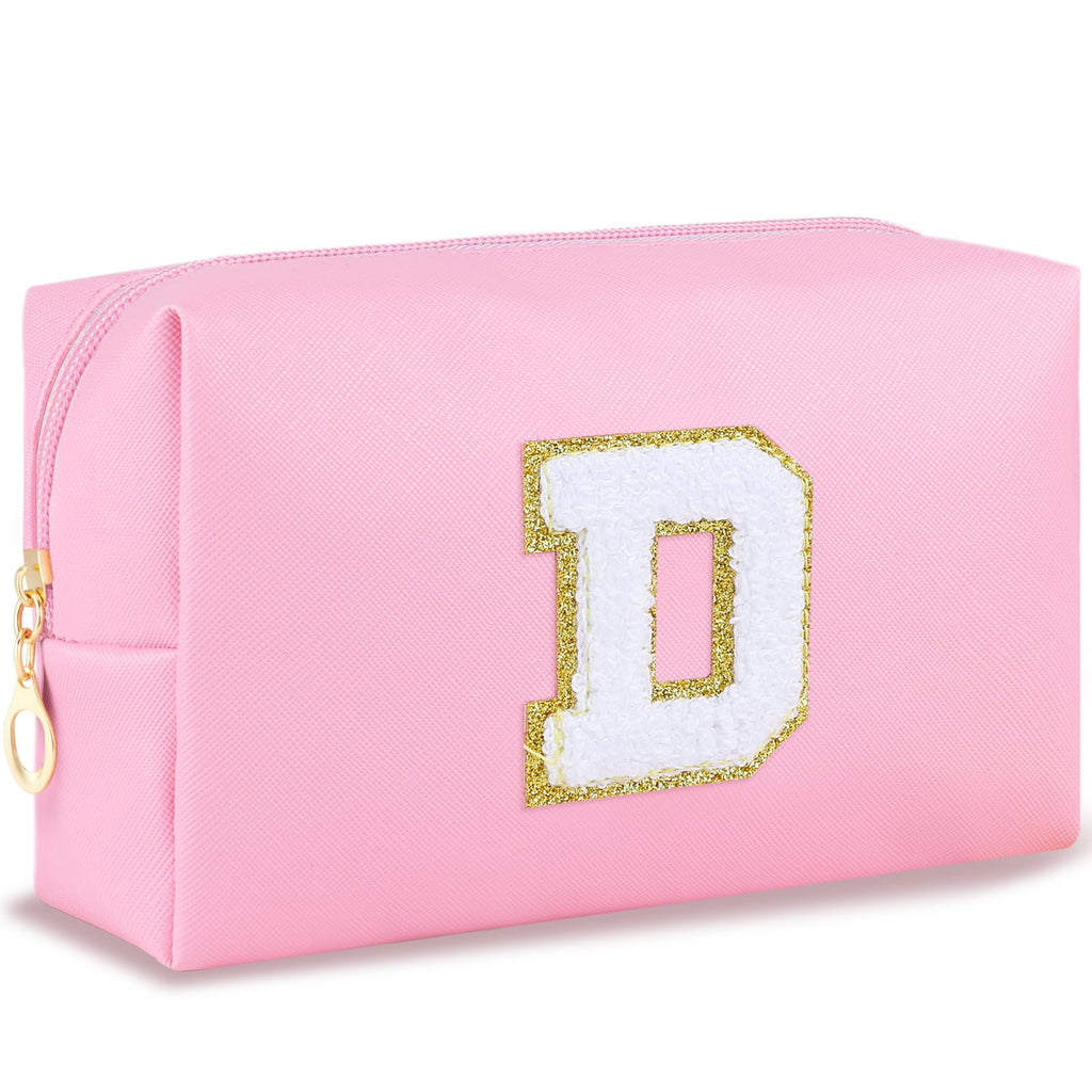 URSKYTOUS Initial Makeup Bag Personalized Preppy Travel Small PU Cosmetic Bag Pink Makeup Pouch Zipper Toiletry Organizer for Women Girls Mom Friend Bridesmaid Teacher Sister Prom Christmas Gift（D）