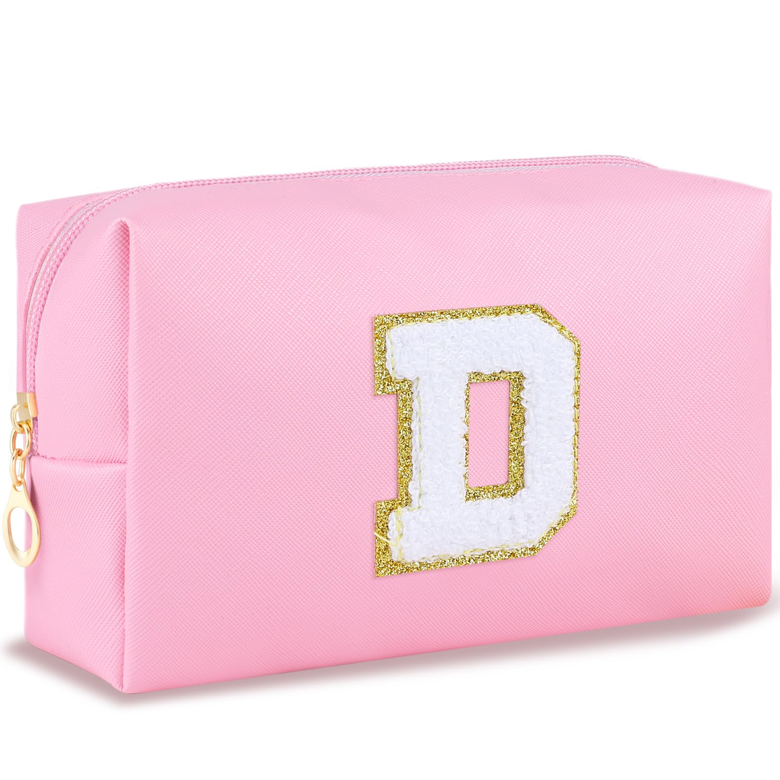 URSKYTOUS Initial Makeup Bag Personalized Preppy Travel Small PU Cosmetic Bag Pink Makeup Pouch Zipper Toiletry Organizer for Women Girls Mom Friend Bridesmaid Teacher Sister Prom Christmas Gift（D）