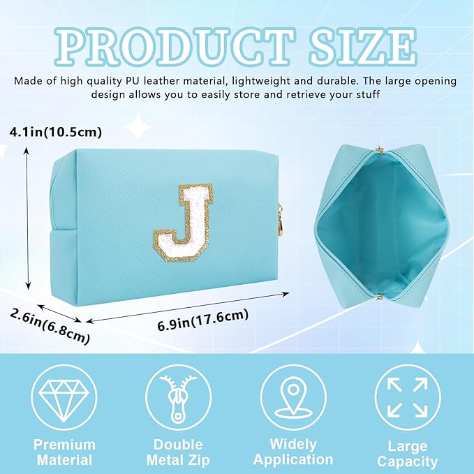 Personalized Initial Letter Patch Makeup Bag, Preppy Portable Chenille Letter Cosmetic Bag with Zipper, PU Leather Waterproof Travel Toiletry Bag Monogram Make Up Pouch for Women Girls