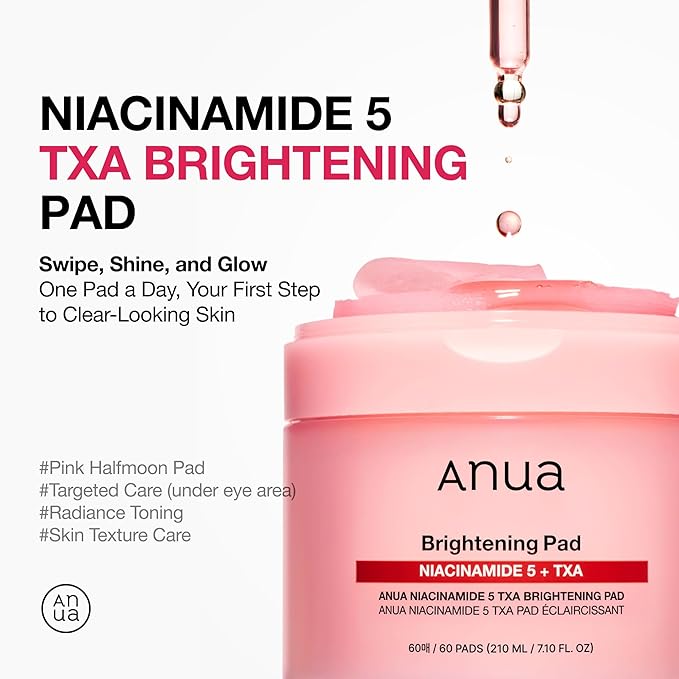 Anua Niacinamide 5 TXA Toner Pads, Daily Facial Pads for Glass Skin, Under Eye Brightener with Tranexamic Acid & Pink Vitamin, Hydration & Spot Care for Hyperpigmentation, Korean Skin Care, 60 Pads