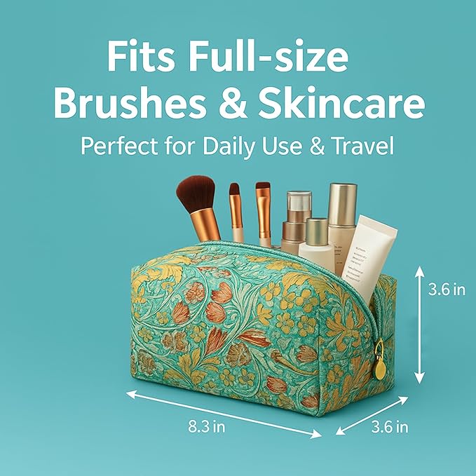OIMEI Floral Quilted Pouch Cotton Makeup Bag for Women, Large Capacity Travel Cosmetic Pouch with Zipper, Cute Toiletry & Brush Organizer, Kawaii Makeup Storage Case – Garden Light Blue