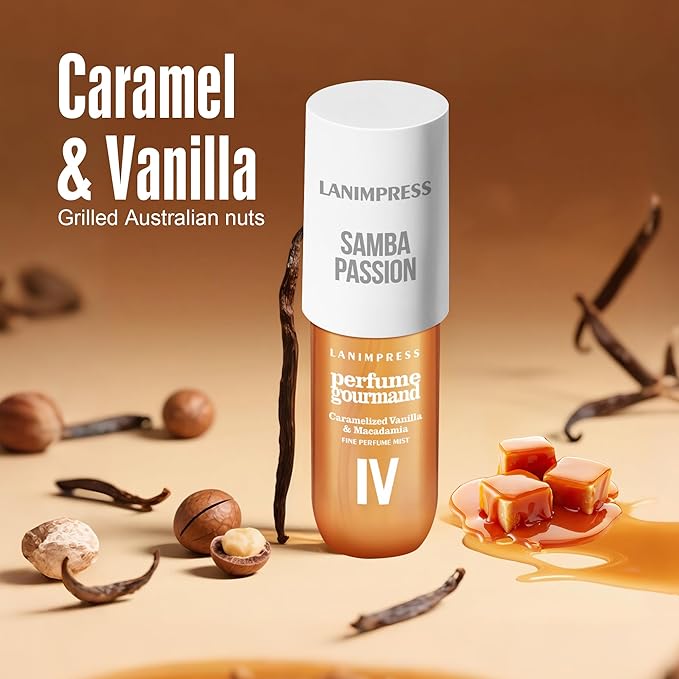 LANIMPRESS 3 FL OZ No.4 Hair Mist and Body Spray for Women,Eau De Parfum, Amber Gourmet Perfume, Sweet Scent– With Notes of Roasted Macadamia Nuts,Caramel Vanilla,Coconutblossom, Travel Size Fragrance