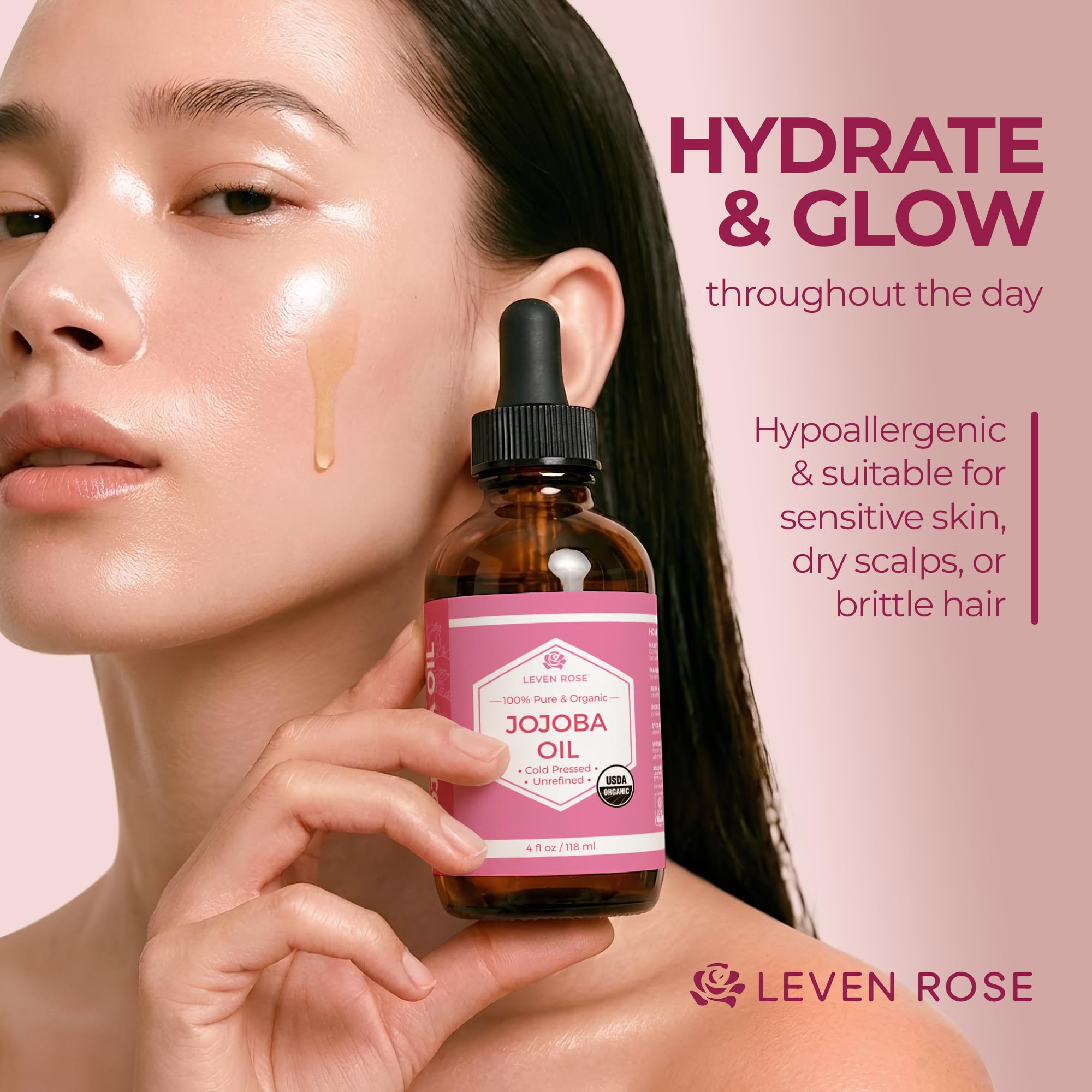 Leven Rose Jojoba Oil Organic Cold Pressed for Skin, Hair & Nails, 4 oz