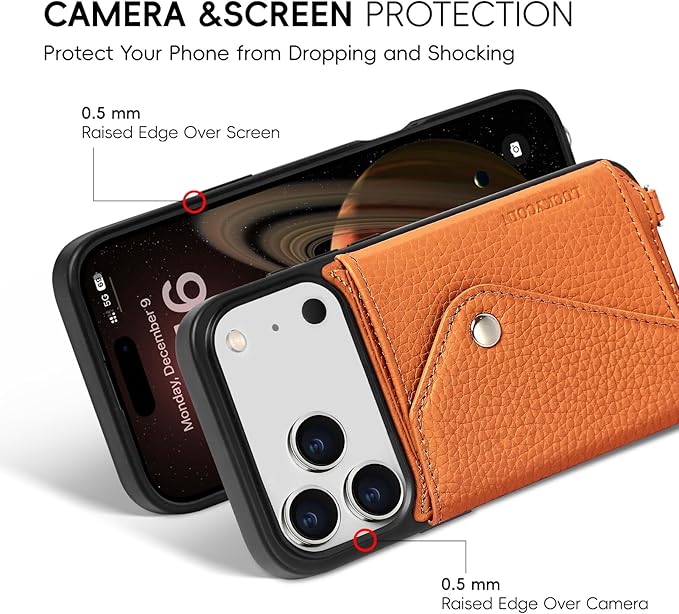 LUCKYCOIN Crossbody Phone Case for iPhone 17 Pro,100% Genuine Leather Phone Wallet Case for Women, Premium Hands-Free Phone Purse with Expandable Flip Card Holder & Adjustable Strap - Pebble Brown