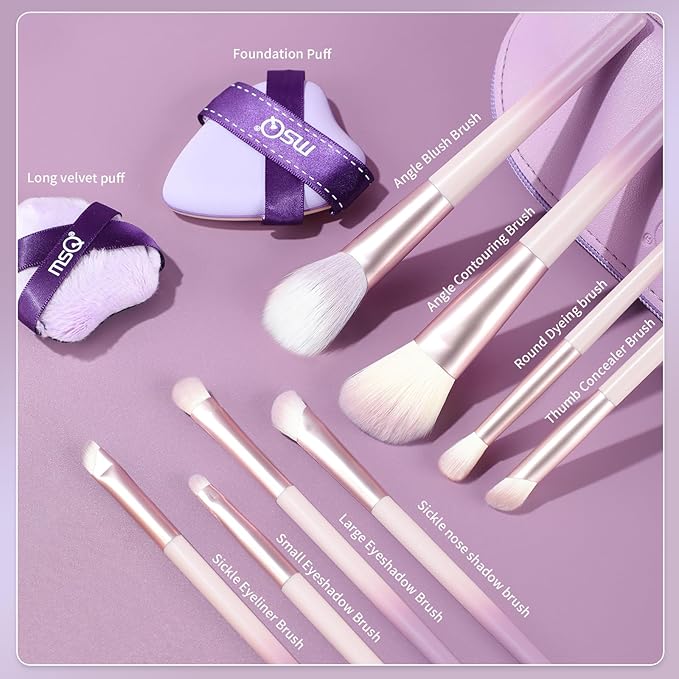 MSQ Make Up Brushes Total 10Pcs-with 8 Makeup Brush & 1 Foundation Puff & 1 Velve Powder Puff, Synthetic Hair Powder Brushes for Blush Countour Concealer Eyeshadow Eyeliner