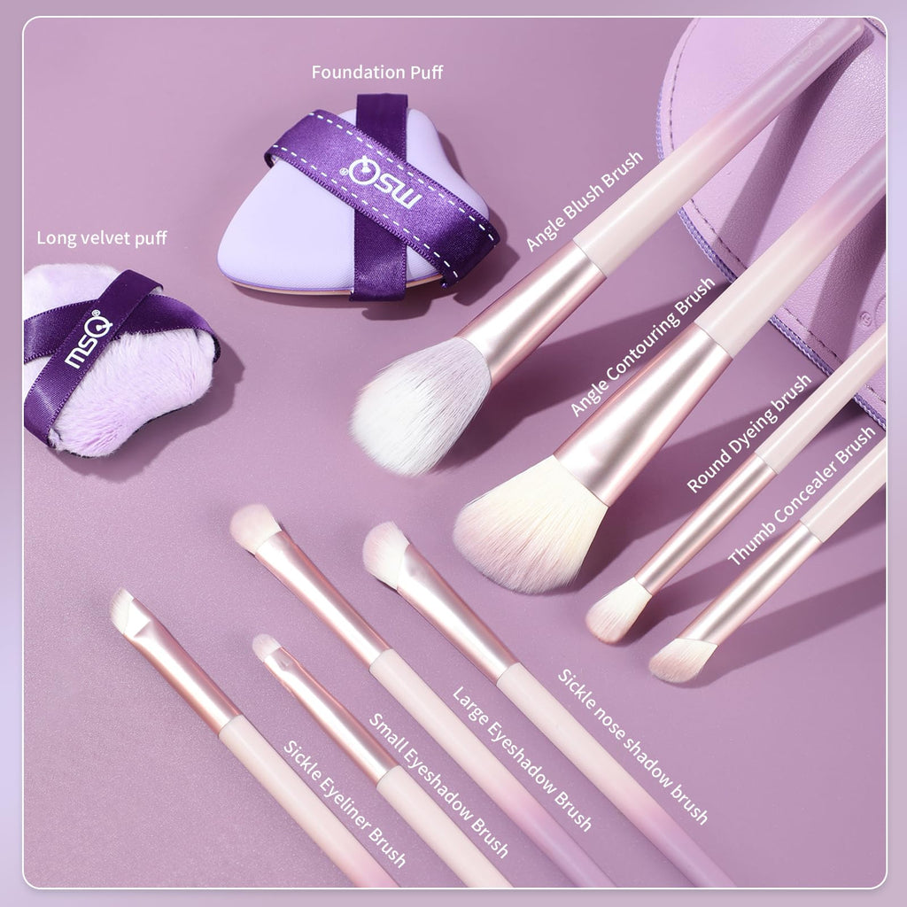 MSQ Make Up Brushes Total 10Pcs-with 8 Makeup Brush & 1 Foundation Puff & 1 Velve Powder Puff, Synthetic Hair Powder Brushes for Blush Countour Concealer Eyeshadow Eyeliner
