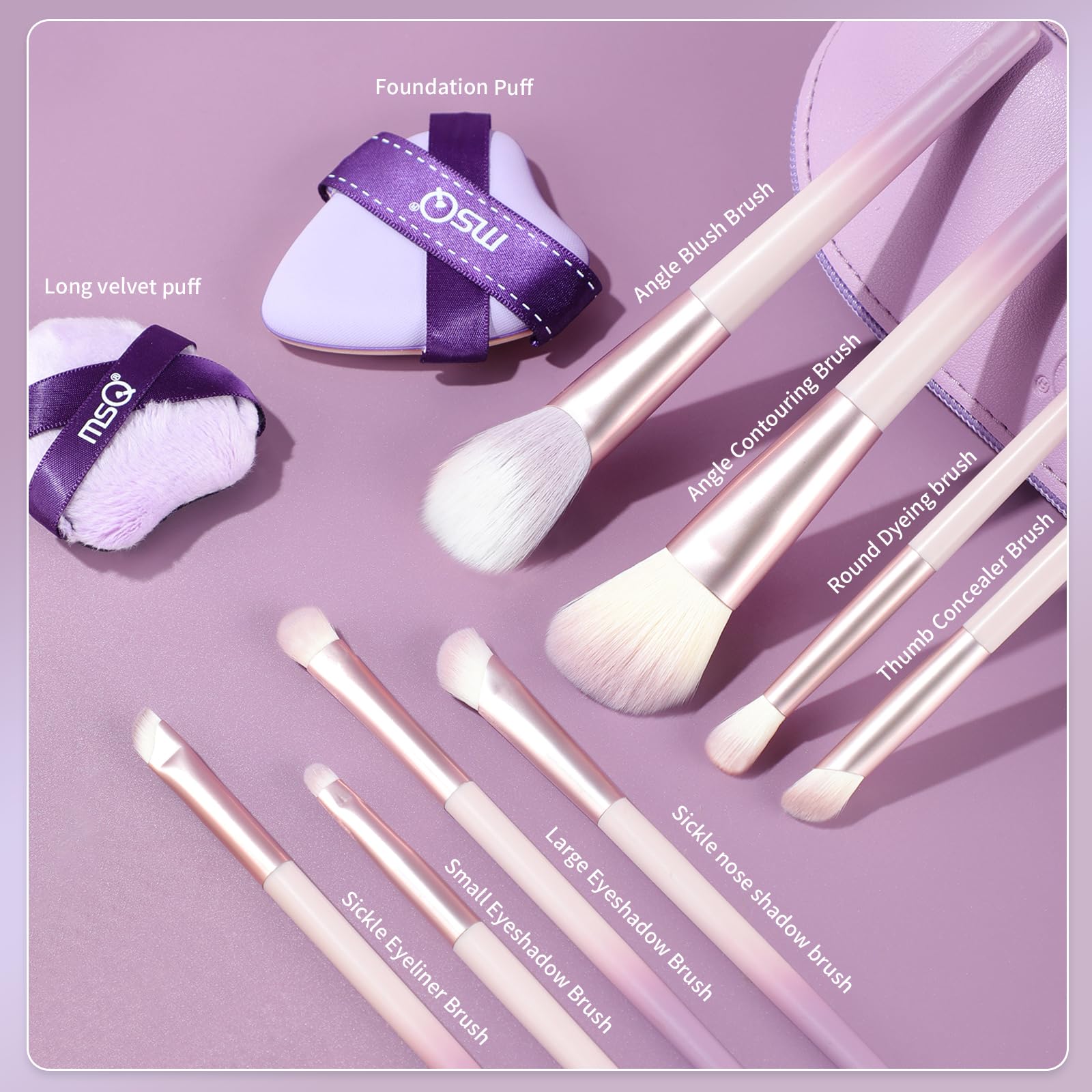 MSQ Make Up Brushes Total 10Pcs-with 8 Makeup Brush & 1 Foundation Puff & 1 Velve Powder Puff, Synthetic Hair Powder Brushes for Blush Countour Concealer Eyeshadow Eyeliner