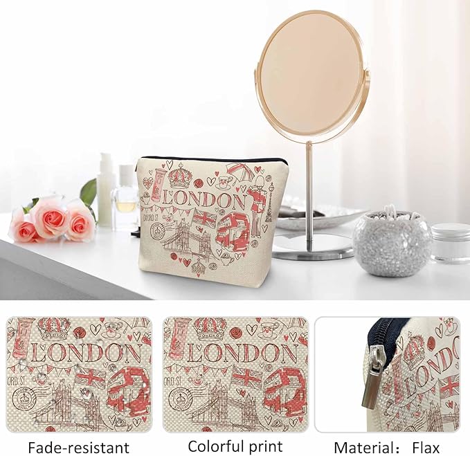 Kalygon Women Makeup Organizer Bag London, Heart Shape I Love London Quote Flax Cosmetic Bag Makeup Bags Toiletry Bag Accessories Organizer Travel Bags For Home Bathroom Office Hotel Gym