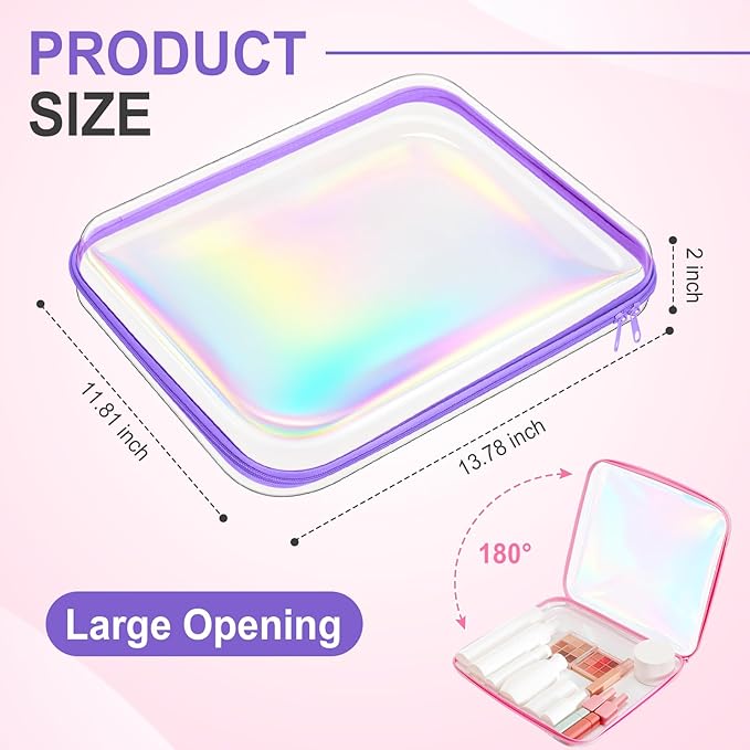 Hoolerry 3 Pcs Clear Hard Zipper Case Hard Plastic Zipper Pouch Makeup Bag Portable Travel Organizer for Cosmetics, Office Supplies, Documents & Toiletries(Laser,L)