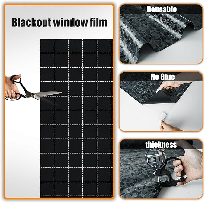 QHY Sunshine Total Blackout Window Film Privacy， Frosted Glass Window Film，Black Window Tint， No Glue， Detachable, no Marks, Suitable for Repeated use (Black Rainbow, 17.5 in X 78.7 in)
