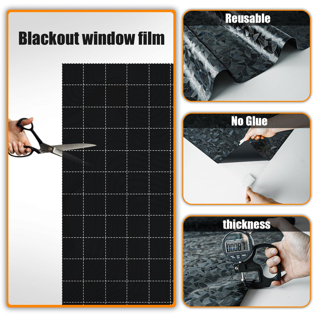 QHY Sunshine Total Blackout Window Film Privacy， Frosted Glass Window Film，Black Window Tint， No Glue， Detachable, no Marks, Suitable for Repeated use (Black Rainbow, 35.4 in X 78.7 in)