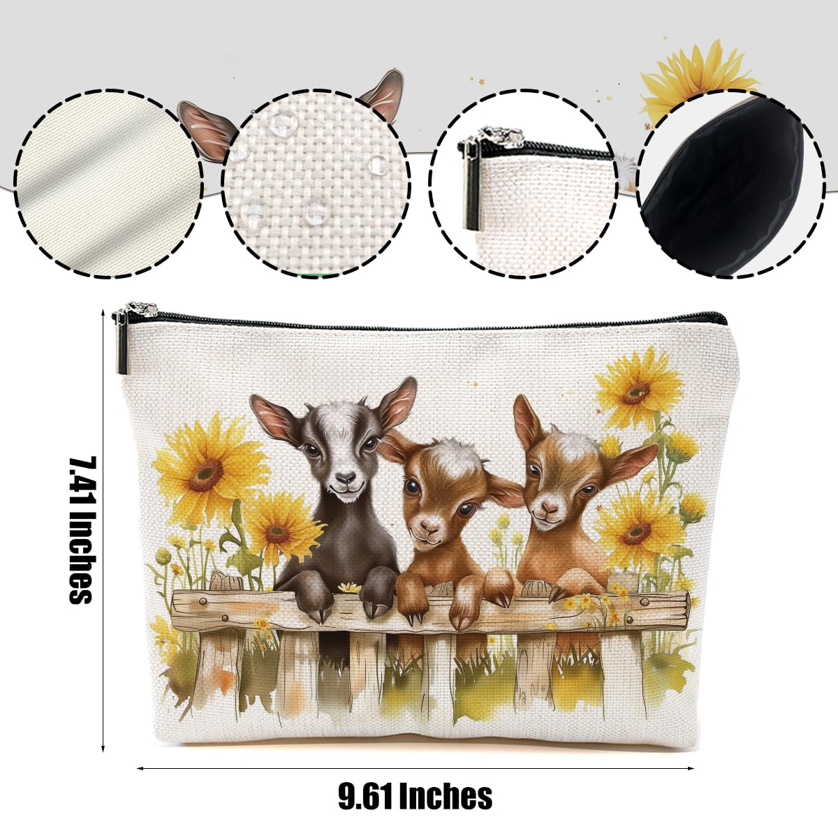 DHKG Goat Gifts for Goat Lovers Makeup Bag Cute Sunflower Goat Cosmetic Bag
