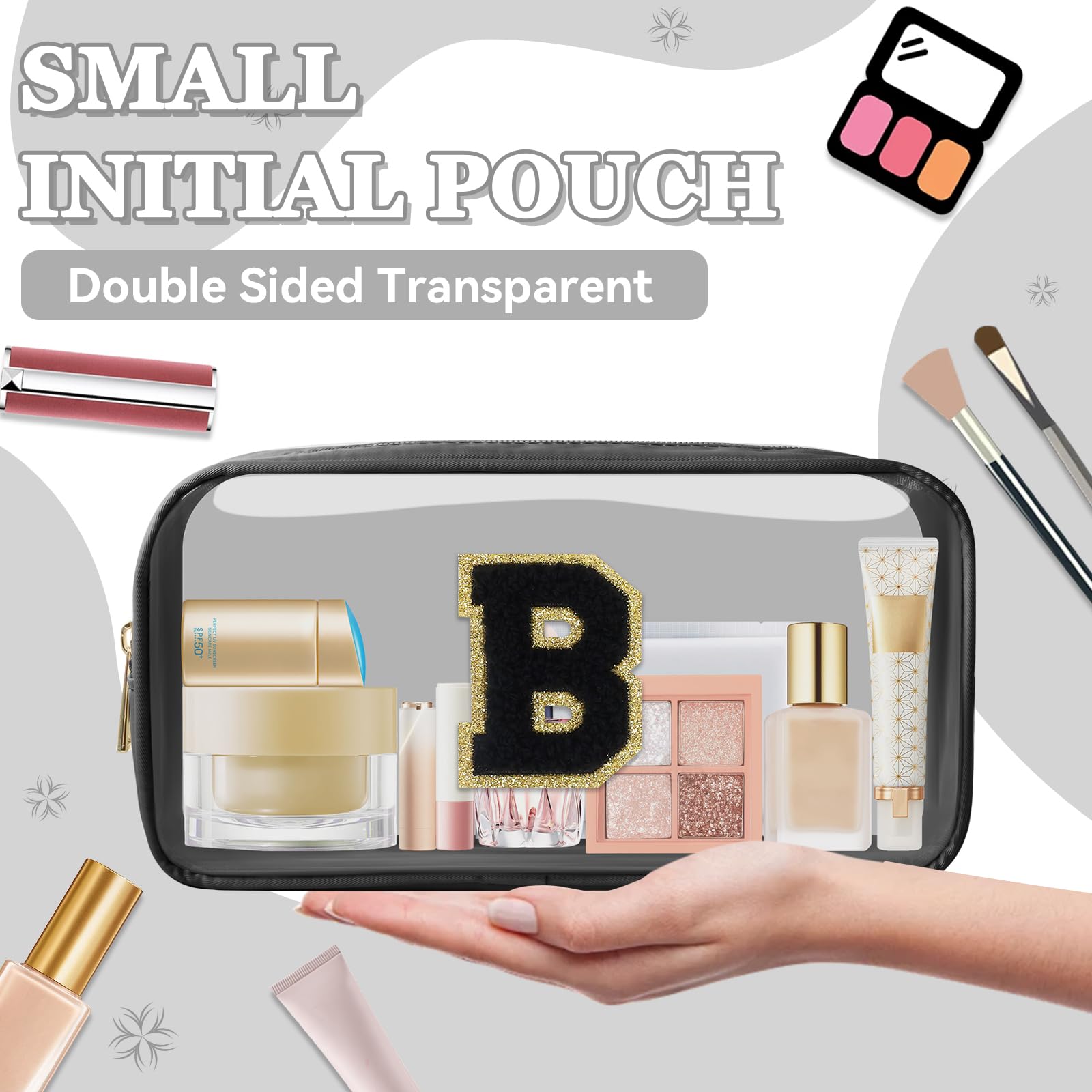 Small Clear Personalized Initial Makeup Bag,Nylon Preppy A-Z Chenille Letter Patch Cosmetic Pouch Beach Toiletry Bag,Waterproof Zipper Travel Purse Storage Bag Organizer for Women Girls(Black-Black B)