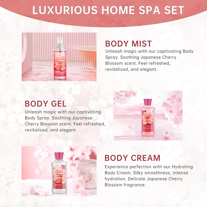 Self Care Gift Set for Women - 3PC Japanese Cherry Blossom Spa Travel Set with Shower Gel, Lotion & Body Mist - Luxury Bath Gift Set for Mother's Day, Birthday, or Anniversary