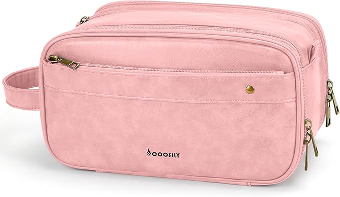 COOSKY Travel Toiletry Bag for Women, Large Hanging Toiletries Organizer Bags for Men, Cruise Ship Essentials, Water-resistant Shaving Case, PU Leather Makeup Accessories, Cosmetic Dopp Kit, Pink