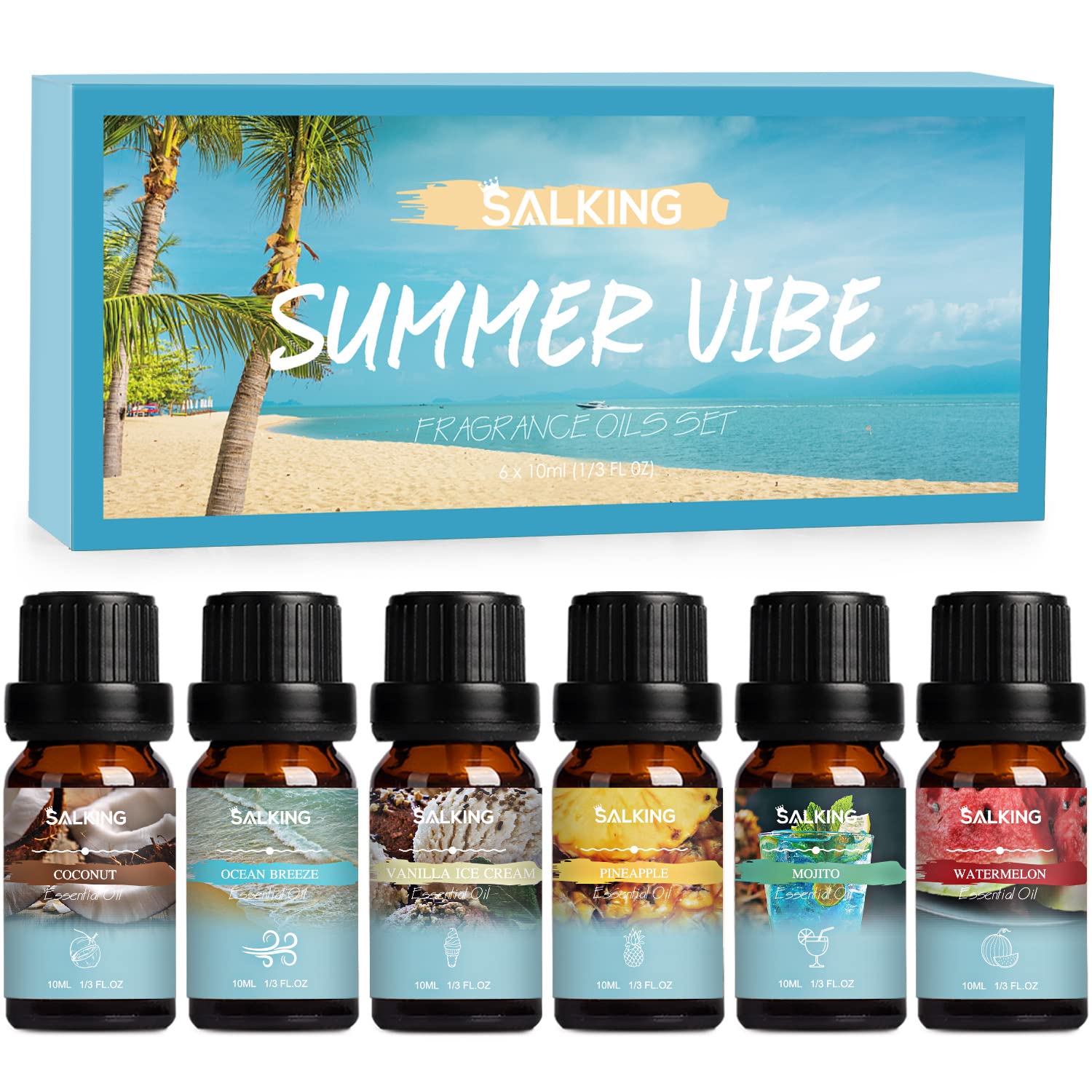 SALKING Summer Fragrance Oils Set, Premium Essential Oils Gift Set for Diffuser, Scented Oil for Soap & Candle Making - Ocean Breeze, Mojito, Coconut, Pineapple, Watermelon, Vanilla Ice Cream
