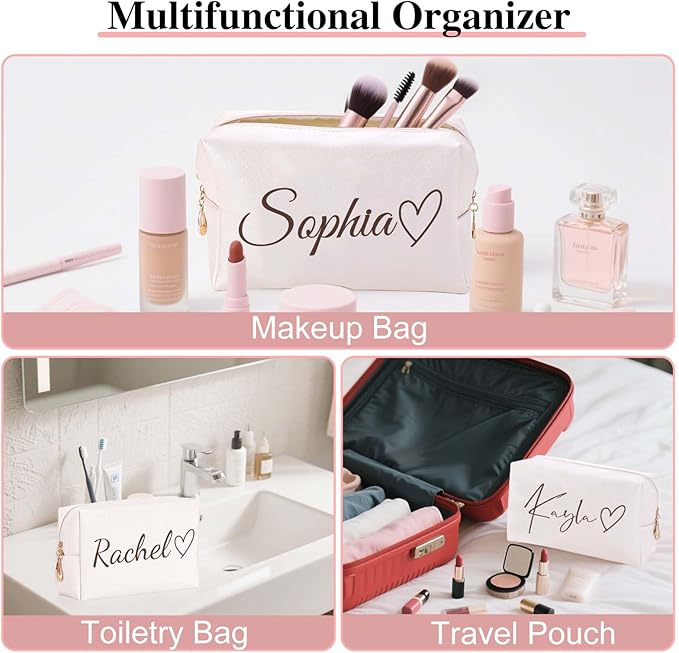 Fincekoom Personalized Makeup Bag with Name & Birth Flower, Custom Leather Cosmetic Bags for Women, Customized Travel Toiletry Bag Gifts for Bridesmaid Wedding
