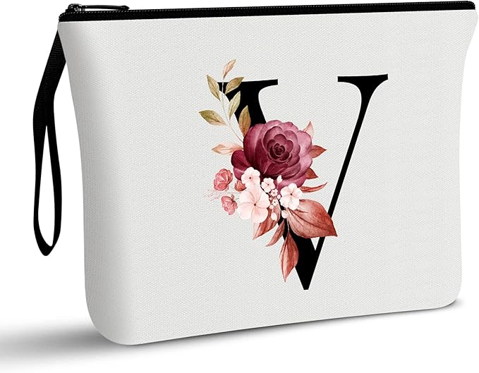 Vavabox A-Z Personalized Makeup Bag, Birthday Gifts for Women Mom, Gifts for Best Friend, Bride Bridesmaid Cosmetic bag (V, 01-White)