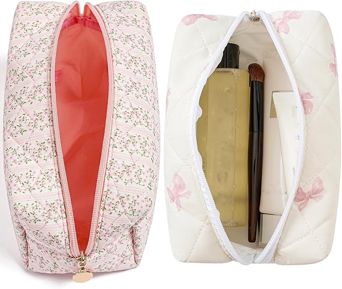 HHQQWZ Makeup Bag Travel Cosmetic Bag for Women Girls, Zipper Make Up Pouch, Floral Flowers Toiletry Organizer Makeup, Portable Storage Cosmetic Travel Cloth Bag (Pink+Pink Bow Tie)
